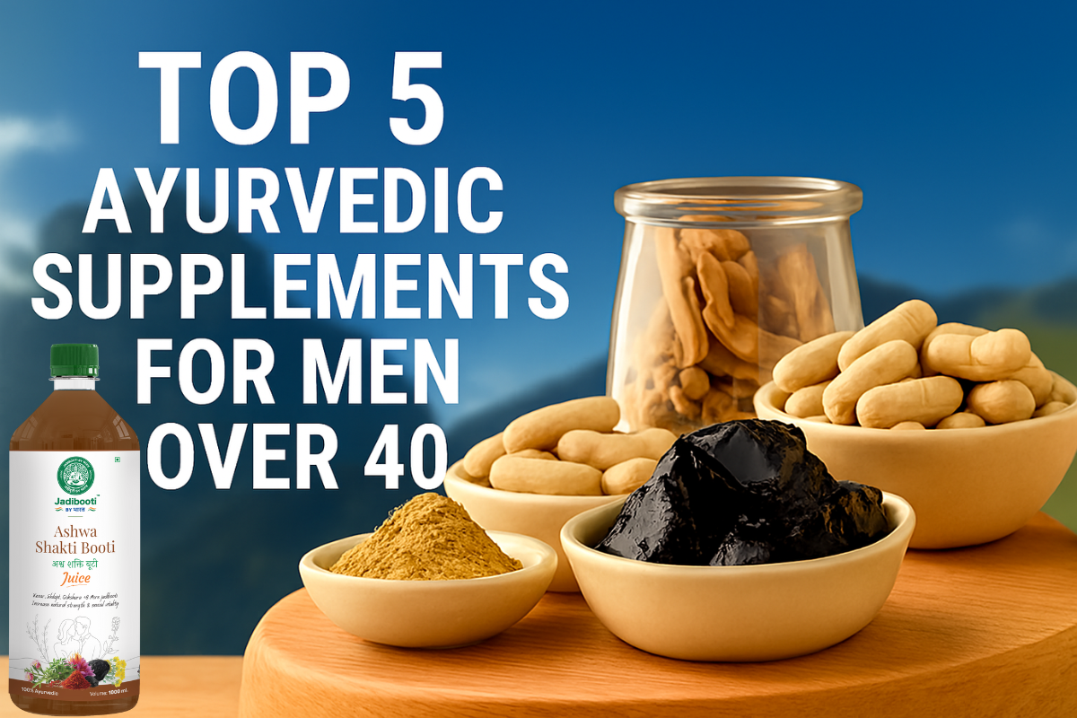 Ayurvedic supplements for men over 40 displayed on a wooden platform with a mountain backdrop, featuring Shilajit resin, Ashwagandha roots, Safed Musli powder, and Triphala tablets under warm natural lighting.